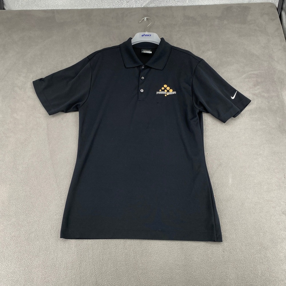 Nike Golf Dri-FIT Polo Shirt Mens Medium Black Press Media Logo Short Sleeve